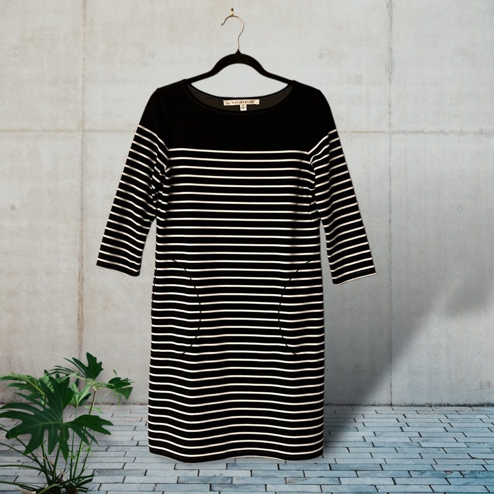 Max Studio Black & White Striped 3/4 Sleeve Shift Dress
